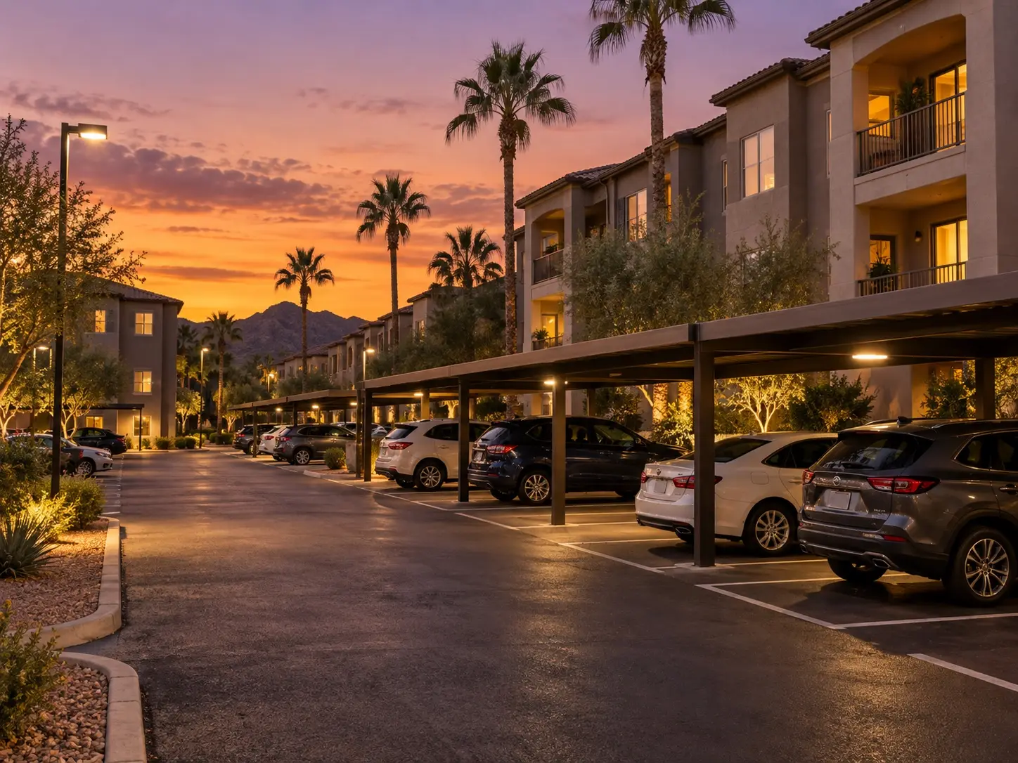 Apartment community parking lot at dusk with covered carports and numbered spaces