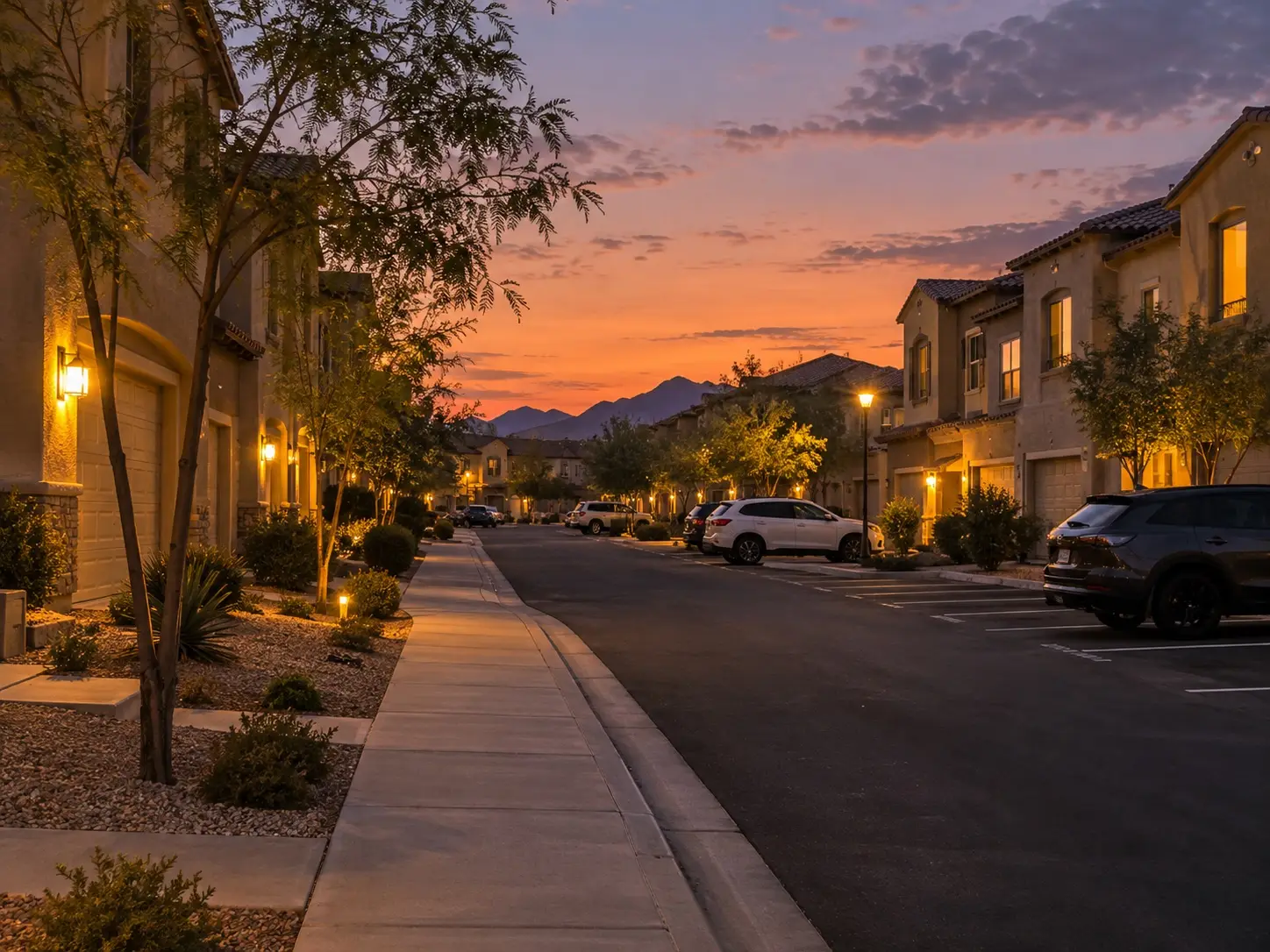 Townhome street at dusk with homes, garages and numbered guest parking spaces
