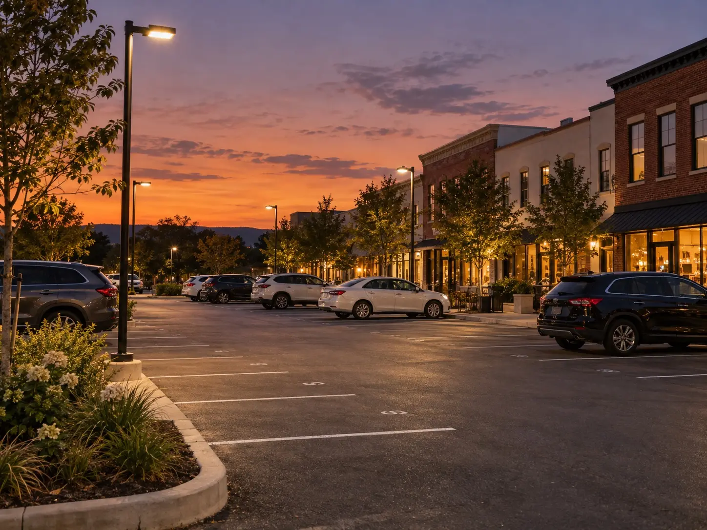 Public parking lot beside a row of lit shops at dusk, with numbered spaces