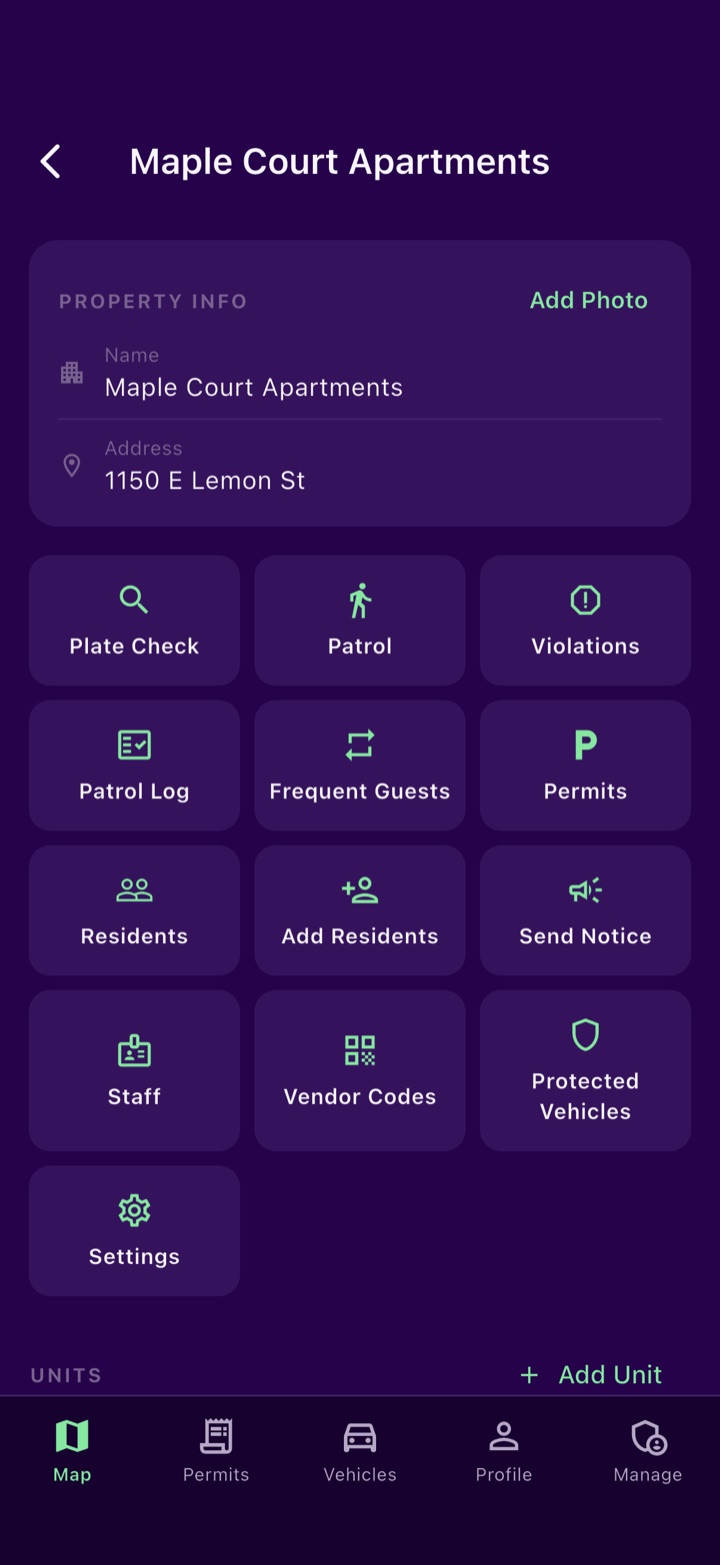Sllips app screen. A property's dashboard: plate checks, patrols, reports, permits, residents, notices, staff and vendor codes.
