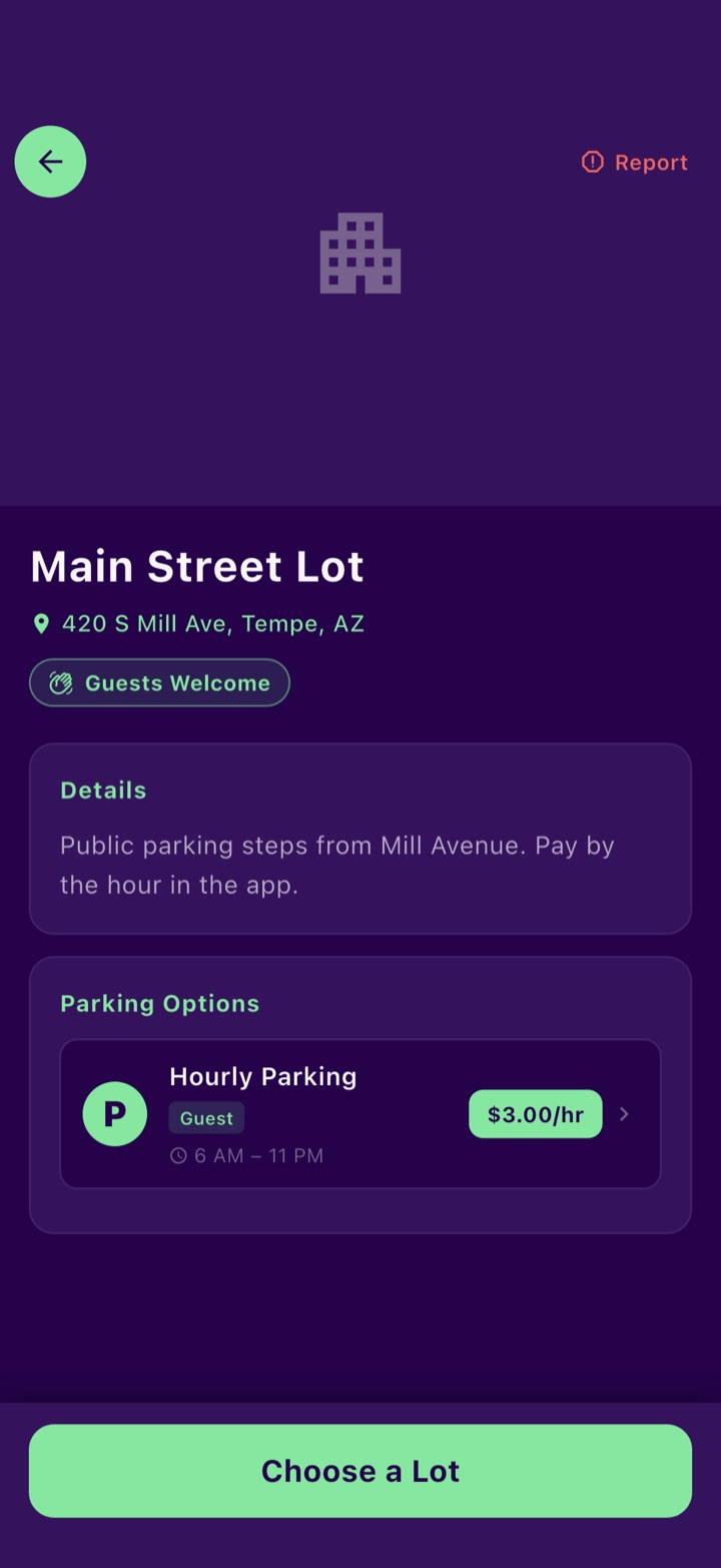 Sllips app screen. A public lot's page: price, hours and "Guests Welcome".