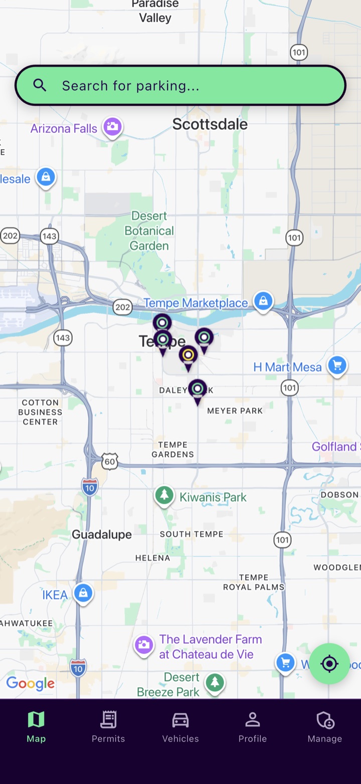 Sllips app screen. Find parking on the map. Sllips properties show as pins.