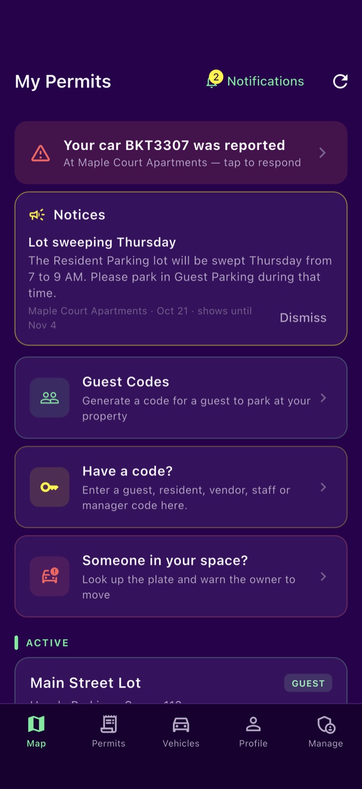 Sllips app screen. The Permits tab: a report alert at the top, the property's notices, guest codes and "Have a code?".