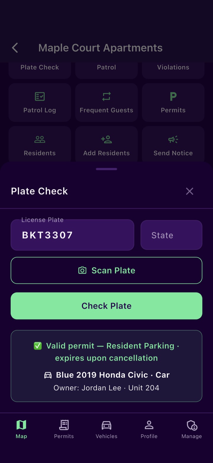 Sllips app screen. Plate check: type or scan a plate and see right away whether the car has a valid permit.