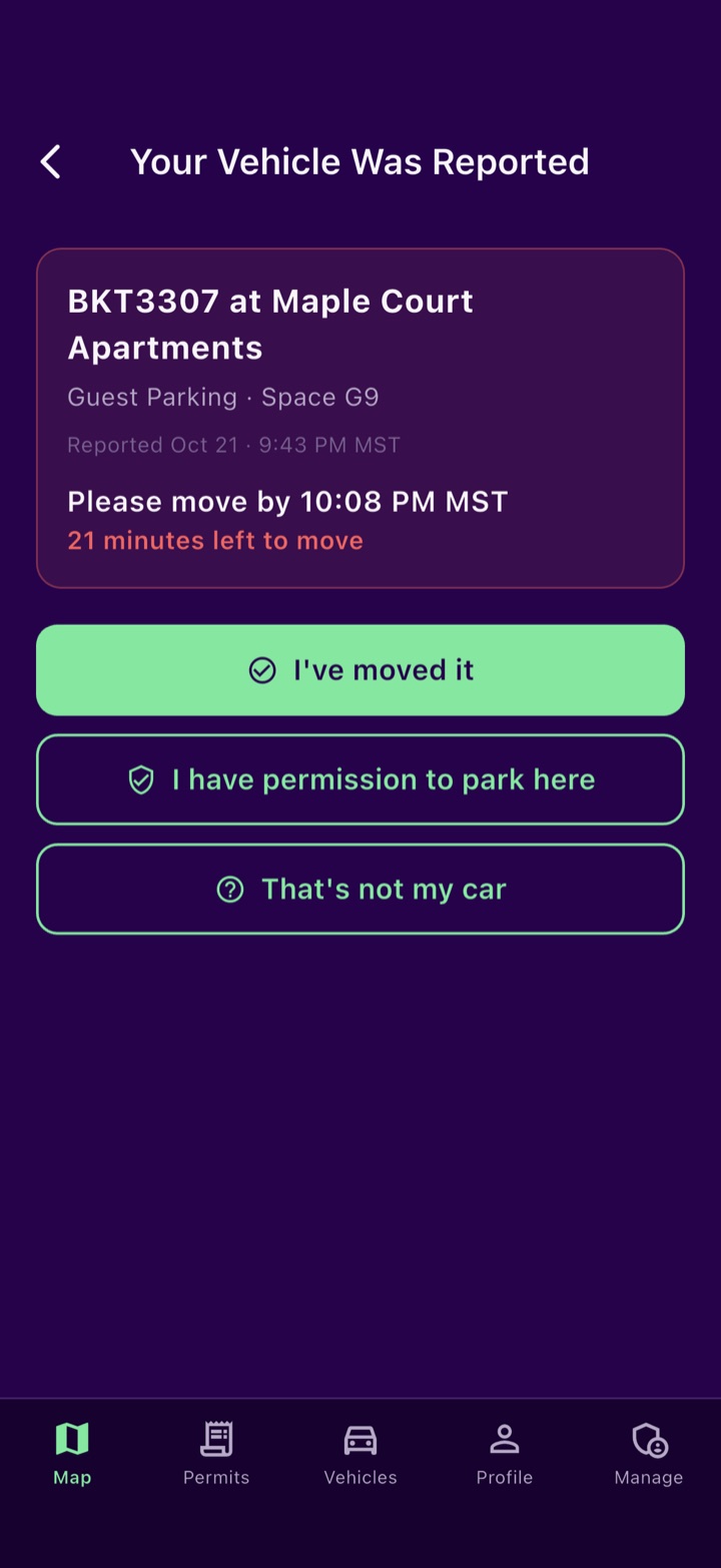 Sllips app screen. Warn before tow: where and when the car was reported and how long the driver has to move it.